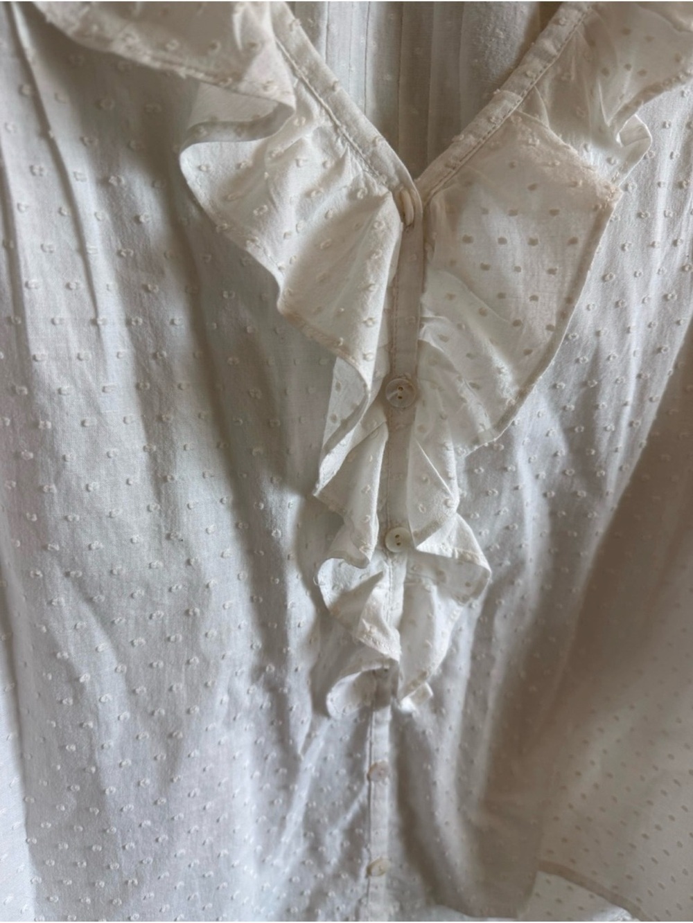 PANEROS White Ruffle Swiss Dot Blouse 100% Cotton Luxury Coastal Spring XS - Picture 3 of 7